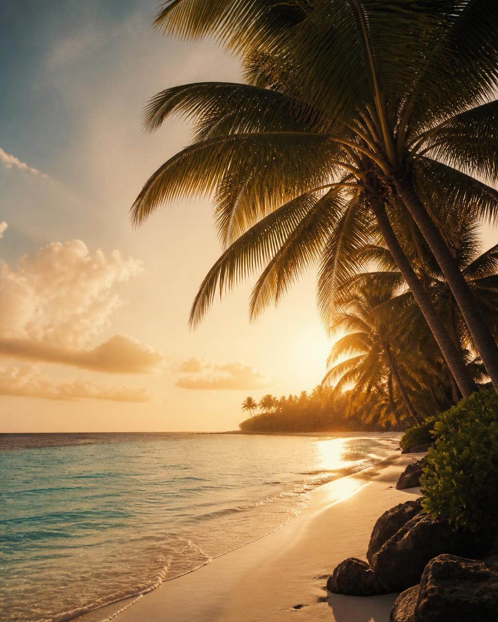 Tropischer Strand mit Palmen und warmem Licht